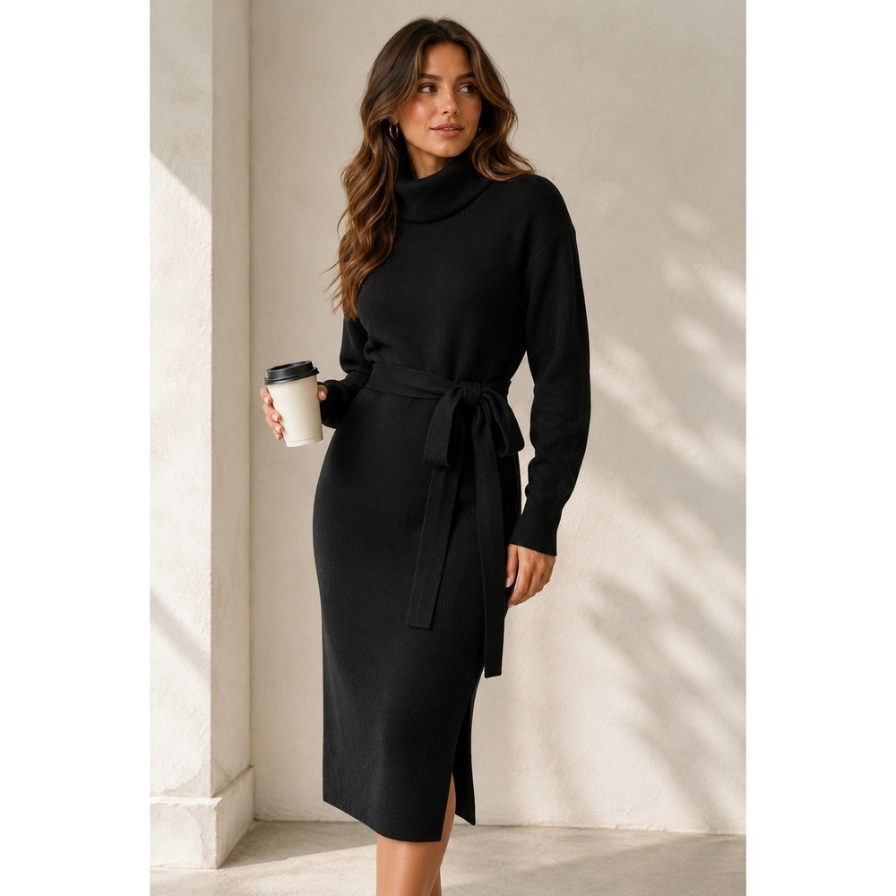ZESICA Turtleneck Black Sweater Midi Dress S Rib Knit Belted Side Slit Bodycon